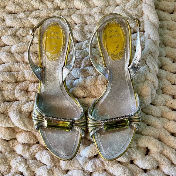 Rene Caovilla Bejeweled Rhinestone Buckle Metallic Leather Snakeskin Heel Sandal - Picture 3 of 11